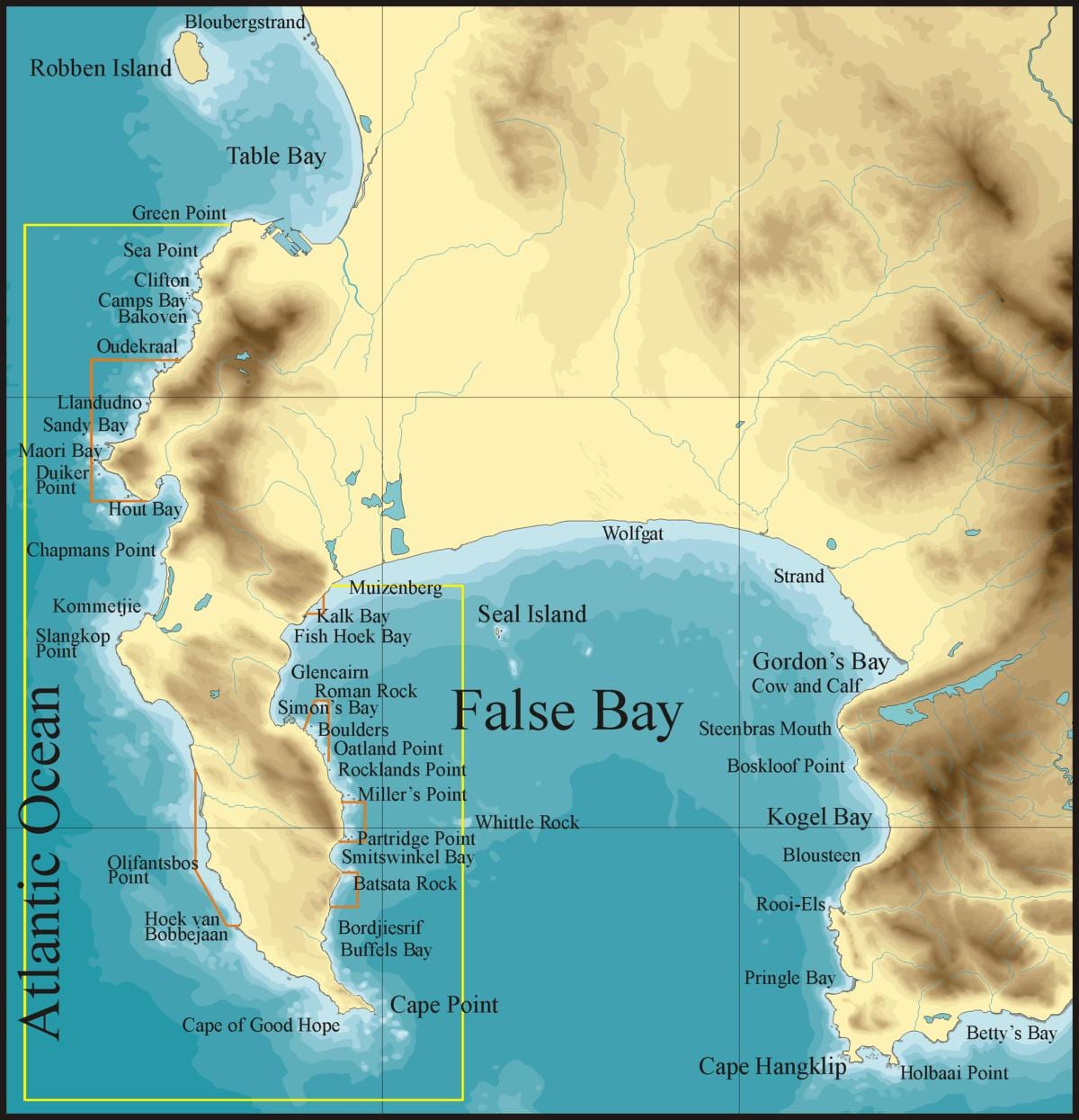 χάρτης του false bay Κέιπ Τάουν