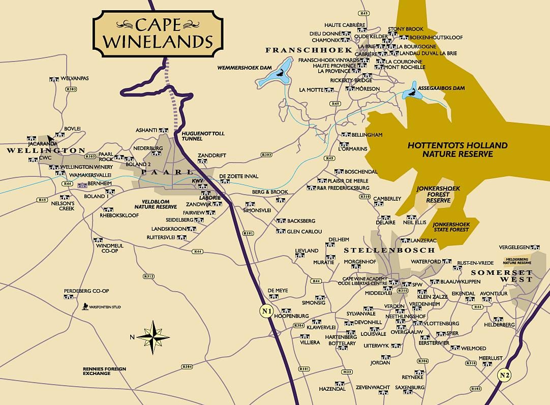 χάρτης της winelands Κέιπ Τάουν